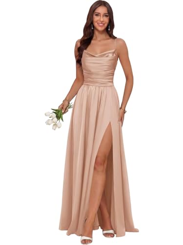 Qgeno Plus Size Bridesmaid Dresses Rose Gold Ruched Cowl Neck Long A Line Satin Wedding Guest Gowns with Slit 4