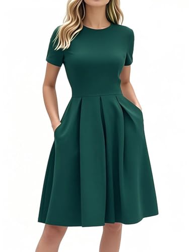 oxiuly Elegant Dresses for Women Homecoming Trendy Church Fit and Flare Stretchy Pockets Knee Length Vintage Hepburn Style Dress S253 Dark Green XL