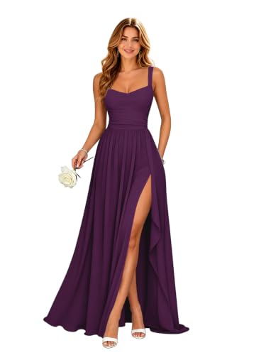Muchenus Square Neck Women's Bridesmaid Dresses Ruffle Pleats Chiffon Long Formal Wedding Guest Dress with Slit Grape US6