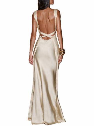 Women’s Satin Maxi Dress V Neck Sleeveless Backless Long Dress Apricot S