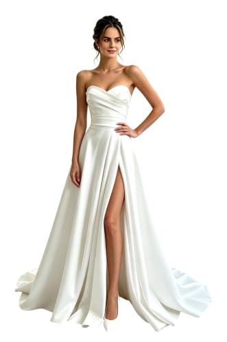Courthouse Wedding Dress for Bride 2026 Minimalist A-Line Satin Modern Sleeveless Beach Bride Gown with Slit White Size 6