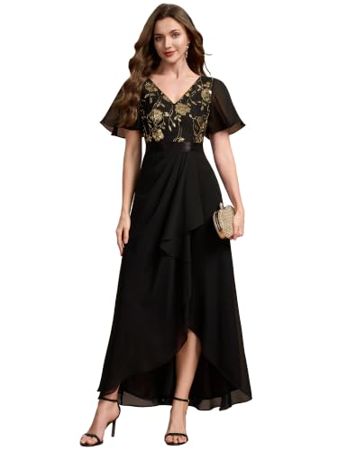 Ever-Pretty Women's Chiffon V Neck Maxi Formal Wedding Guest Dress | Ruffle Sleeve, Sequin, High Low, Wedding Guest Dress, Mother of the Bride Dresses, Black Gold US14
