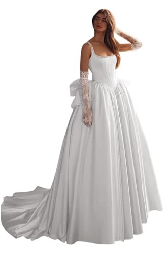 Tianzhihe Luxury Satin Pearl Bridal Ball Gowns for Women Bride Bow Back White Bride Dresses 2026 A-Line Spaghetti StrapWedding Gowns with Bow Size 10
