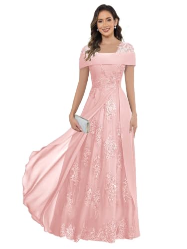 Bruqn Chiffon Blush Pink Mother of the Bride Dresses for Women Lace Long Cape Sleeve Flowy Off Shoulder Wedding Guest Dress US14