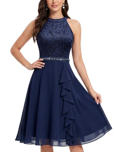 Miusol Women's A-Line Halter Neck Lace Chiffon Ruffle Cocktail Party Dress