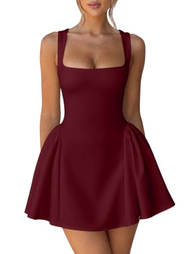 XXTAXN Womens Sexy Square Neck Tank Corset Ruffle A Line Mini Dress WineRed