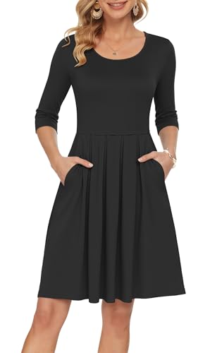 AUSELILY Women's 3/4 Sleeve Casual Dress, Black L | Pleated loose swing knee length dresses, Casual vacation beach work formal sundress, with Pockets