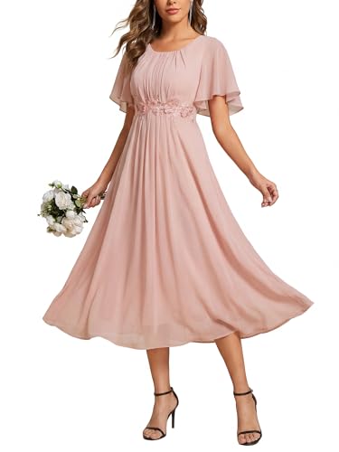 Ever-Pretty Women's Round Neck Short Sleeves Formal Dresses Appliques A-line Chiffon Midi Mother of Bride Dress Pink US18