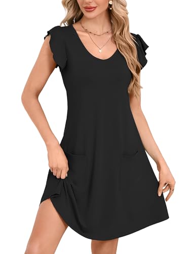 DEARCASE Summer Ruffle Sleeve V Neck T Shirt Dress for Women,Black,Small
