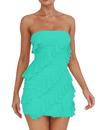 HOCILLE Women's Sexy Strapless Tube Top Bodycon Sleeveless Ruffle Mini Party Dress, X-Small, Light Blue