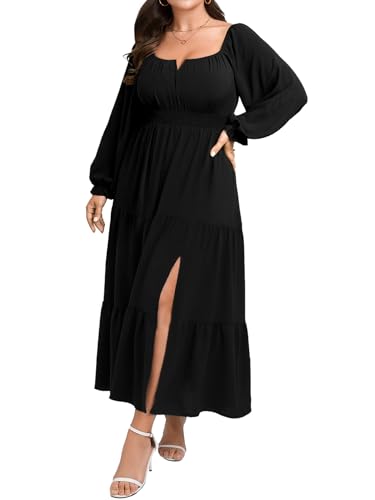 SCOMCHIC Womens Plus Size Formal Dress Fall Long Sleeve Square Neck Flowy A Line Tiered Side Split Wedding Guest Maxi Dress Black