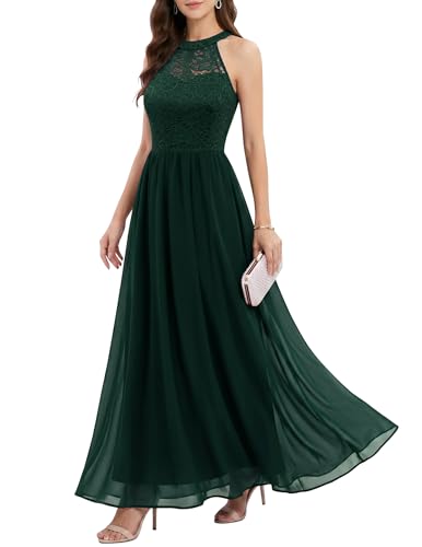 Wedtrend Halter Floral Lace Prom Dresses for Teens Chiffon Wedding Bridesmaid Dresses for Wedding Long Cocktail Party Formal Gowns WT0201DarkGreenL