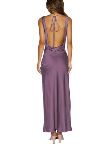 KOUNAI Satin Backless Formal Maxi Dresses for Women Wedding Guest Purple