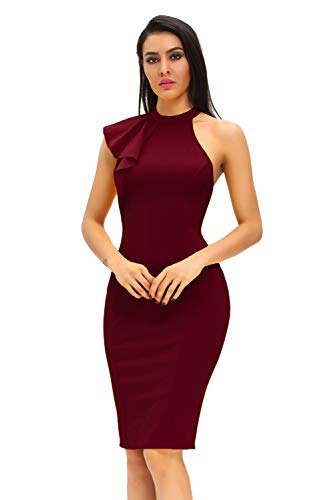 Women's Fashion Ruffle One Shoulder Sleeveless Midi Bodycon Pencil Cocktail Party Dress Burgundy X-Small