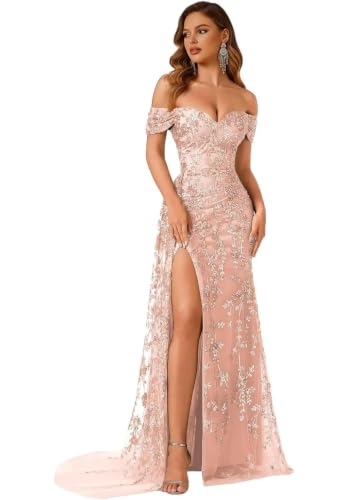 Off‑Shoulder Sequin Lace Mermaid Prom Dress High Slit Evening Gown Blush