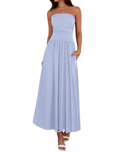 BTFBM Summer Maxi Dresses for Women Strapless Tube Top Dress,Light Blue,M