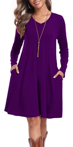 lionstill Fall Dresses for Women Flowy Long Sleeve T-Shirt Dress, Purple L