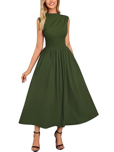 Miusol Women's Retro Half Collar Sleeveless with Pocket Casual Swing Dress (Army Green, Medium)