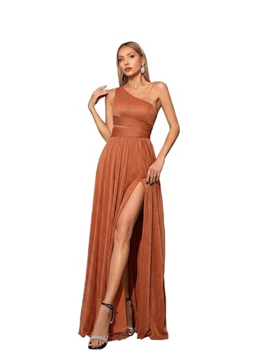 MIMIFINA Women's Glamorous One ShoulderLong Evening Dress with High Slit Waist Cinching for Weddings Party Orange