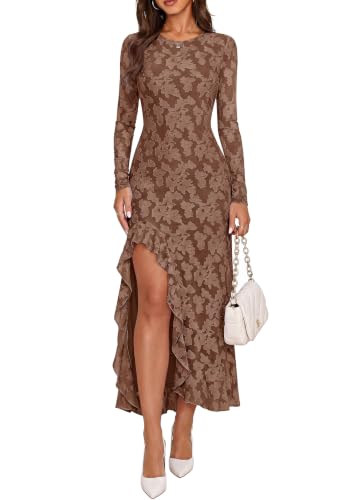 PRETTYGARDEN Women's Formal Maxi Floral Dresses with Slit (Brown,M)