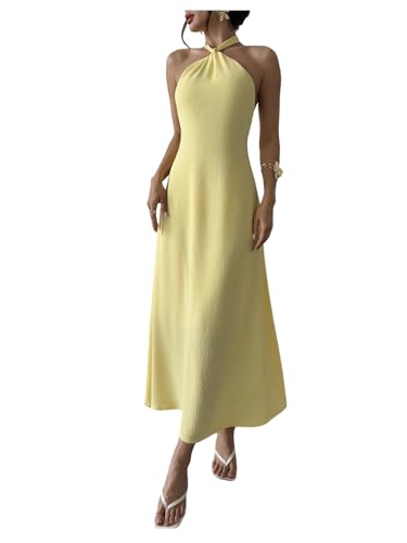 Floerns Women Summer Sleeveless Halter Ruffle Open Back A Line Maxi Dresses | Wedding Guest, Sundress, Backless, Flowy Party Prom Birthday Classy, Dinner, Formal, Elegant, Light Yellow, X-Small