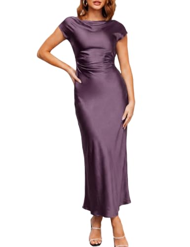 Gmeitoey Women's Formal Satin Backless Midi Dress Cocktail Wedding Guest