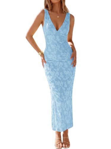 Muchpow Women's Sexy V Neck Bodycon Maxi Cocktail Dress (Light Blue,Medium)
