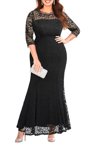 Pinup Fashion Plus Size Black Formal Dress Wedding Guest Evening Gowns 24W | Elegant lace mermaid evening gown, sheer 3/4 sleeves, for mother of the bride, prom, wedding guest