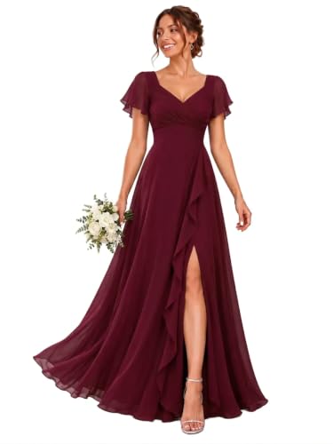 BABYONLINE D.R.E.S.S. Women's Pleated Bridesmaid Dresses V-Neck Flutter Sleeve Long Formal Dress with Slit Burgundy 12