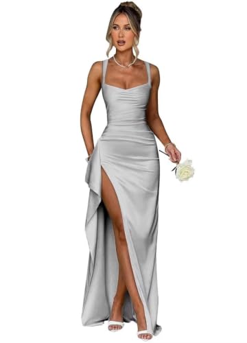 Ruffles Satin Prom Dress Long Corset Bridesmaid Dresses Silver Size 2