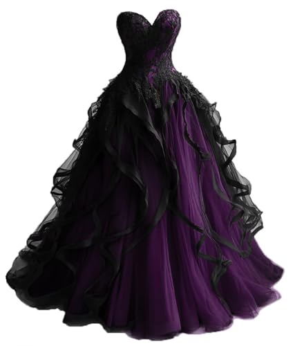 Sweetheart Gothic Black Ruffles Prom Wedding Dress Puffy Plum Plus Size 22