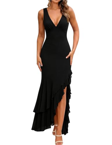 BORIFLORS Women's Elegant Mermaid Ruffle Cocktail Maxi Dress,M,Black