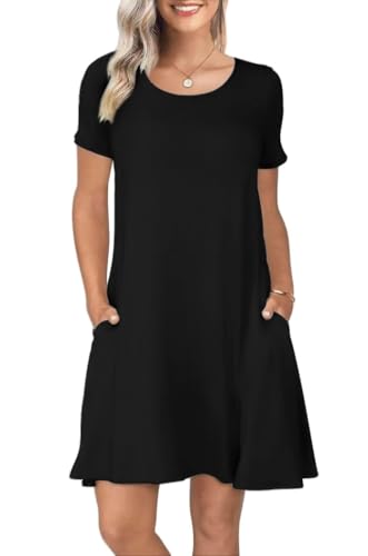 REGAI Women's Summer Casual Short Sleeve Crew Neck T Shirt Dresses Loose Swing with Pockets, Black, XL