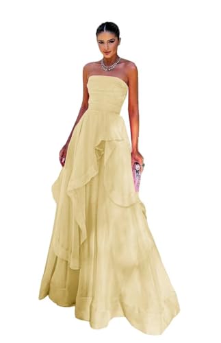 Ruffle Long Ball Gowns for Women Formal A-Line Strapless Bridesmaid Dress 2026 Tiered Tulle Prom Party Dress Corset Back Champagne 4 DR0181