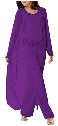 Plus Size Chiffon Mother of The Bride Pantsuits 3 Pieces Outfits Long Sleeve Purple