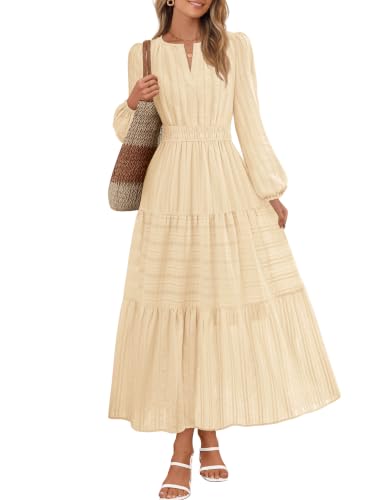 MEROKEETY Womens Puff Long Sleeve V Neck Midi Maxi Dress, Beige, Medium