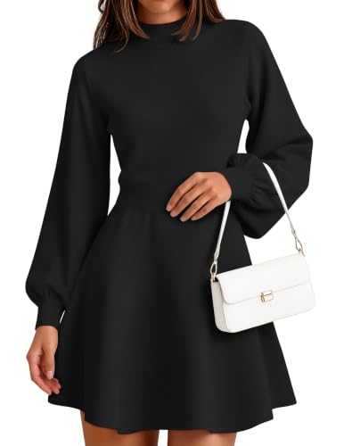 ZESICA Womens Fall Mock Neck Long Lantern Sleeve Sweater Mini Dress Black M | High Waist A Line, Swing Short Dresses, Soft Ribbed Knit, 2026 Winter Elegant Cocktail Party Formal Wedding Guest Dress