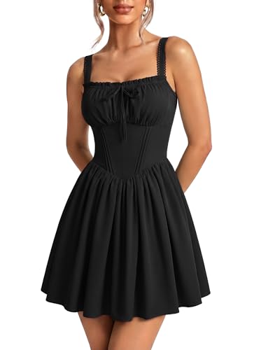 SCARLET DARKNESS Corset Mini Dress Adjustable Straps Sundress with Pockets | Adjustable Strap, Fixed Front Bow, Boned Corset Waist, Lacing Smocked Back, Zip, Pocket. For Daily, Club & Halloween Cosplay