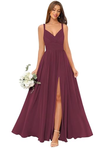 CuteMe V Neck Mulberry Bridesmaid Dresses with Slit Long Ruched Formal Gown for Women Flowy Spaghetti Strap Evening Party Dress Chiffon 6