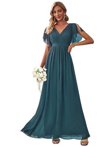 Ever-Pretty Women's Summer Chiffon V-Neck Ruffle Sleeves Bridesmaid Dresses Ruched Bust Long Formal Wedding Guest Dress Teal US6