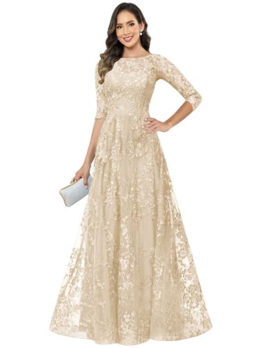 Djkvmd Champagne Mother If The Bride Dresses Long for Women A Line Scoop Sequin Lace 3/4 Mother Dress Size12