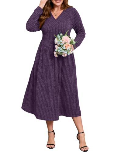 BELAROI Plus Size Women V-Neck Sweater Dress with Pockets,Dark Purple,4X