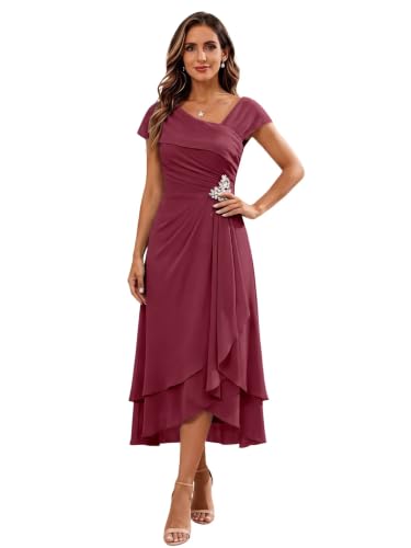 Tea Length A-line Mother of Bride Dress Cap Sleeve Formal Dress for Wedding