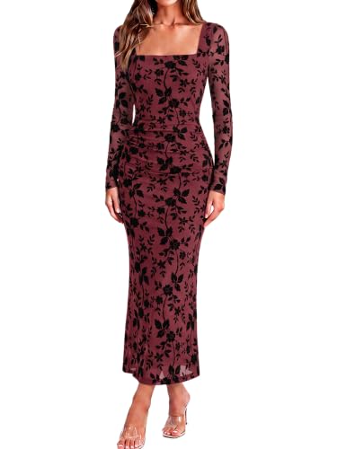 BerryGo Womens Floral Print Mesh Midi Dress Square Neck Long Sleeve Bodycon Ruched Fall Cocktail Party Wedding Guest Dresses(Burgundy S)