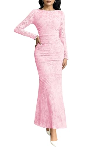 MITILLY Formal Long Sleeve Dress for Women Bodycon Evening Gown, Pink, XL