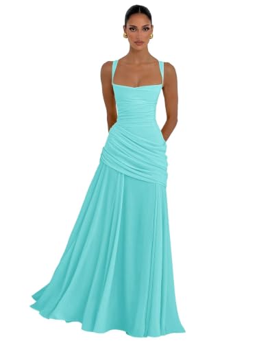 Dlkrda Square Neck Bridesmaid Dresses for Women Long Turquoise Ruched Chiffon A Line Fall Formal Dress for Wedding US2