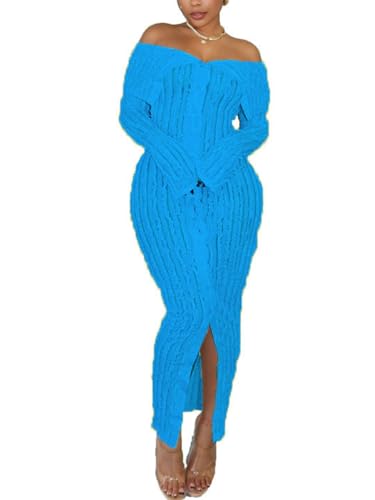 Sexy Button Down Dresses for Women Date Night Off Shoulder See Through Mesh Ruffle Bodycon Maxi Dress Blue L