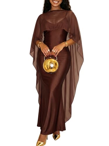 Women’s Satin Bodycon Maxi Dress with Chiffon Cape Wedding Guest Dresses