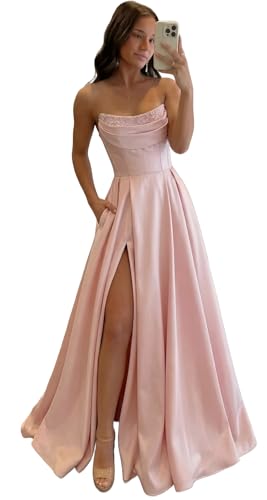 SESSRYMNIR Satin Prom Dresses with Slit Strapless A Line Corset Ball Gowns Long Formal Evening Dress with Pockets Baby Pink US6