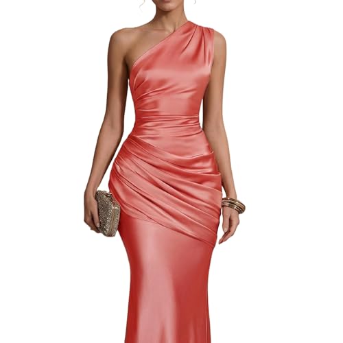 Fkrhzqbt One Shoulder Satin Maxi Gown, Pleated Formal Evening Dress for Wedding Guest, Bridesmaid, Prom Watermelon Red